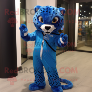 Blue Cheetah mascot costume character dressed with a Jumpsuit and Brooches