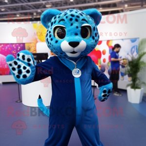Blue Cheetah mascot costume character dressed with a Jumpsuit and Brooches