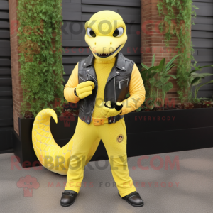Lemon Yellow Hydra mascot costume character dressed with a Leather Jacket and Pocket squares