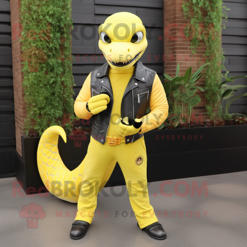 Lemon Yellow Hydra mascot costume character dressed with a Leather Jacket and Pocket squares Lemon Yellow Hydra mascot costume character dressed with a Leather Jacket and Pocket squares