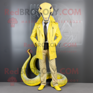 Lemon Yellow Hydra mascot costume character dressed with a Leather Jacket and Pocket squares