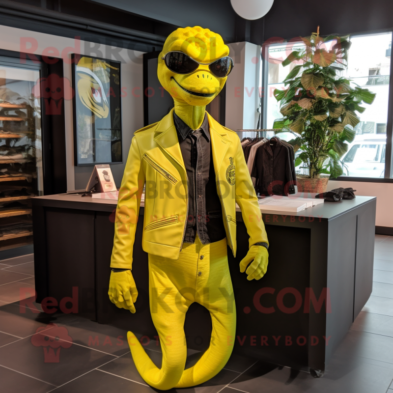 Lemon Yellow Hydra mascot costume character dressed with a Leather Jacket and Pocket squares