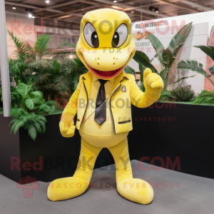 Lemon Yellow Hydra mascot costume character dressed with a Leather Jacket and Pocket squares