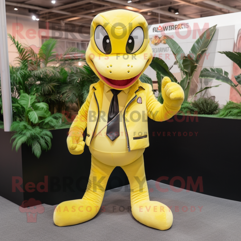 Lemon Yellow Hydra mascot costume character dressed with a Leather Jacket and Pocket squares Lemon Yellow Hydra mascot costume character dressed with a Leather Jacket and Pocket squares
