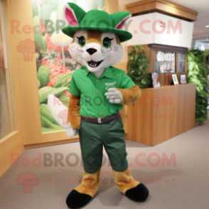 Green Fox mascot costume character dressed with a Bermuda Shorts and Caps