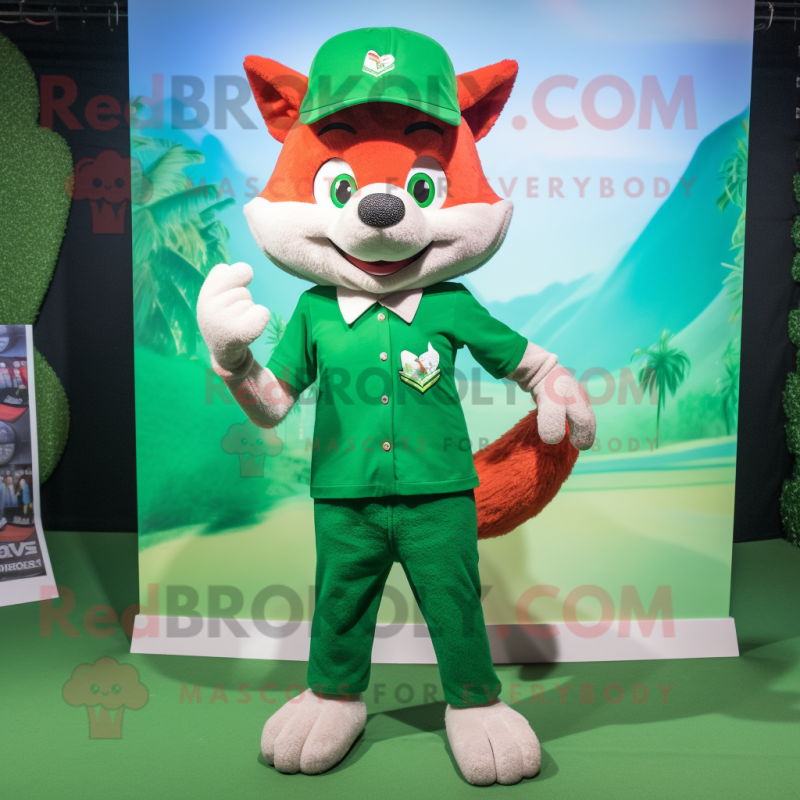 Green Fox mascot costume character dressed with a Bermuda Shorts and Caps