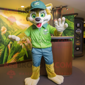 Green Fox mascot costume character dressed with a Bermuda Shorts and Caps