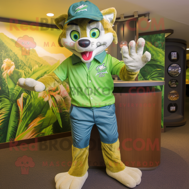 Green Fox mascot costume character dressed with a Bermuda Shorts and Caps