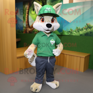 Green Fox mascot costume character dressed with a Bermuda Shorts and Caps