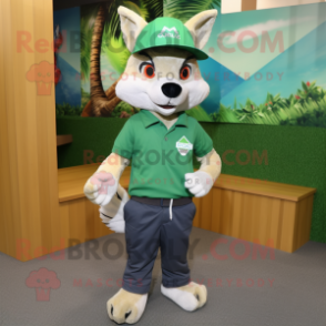 Green Fox mascot costume character dressed with a Bermuda Shorts and Caps