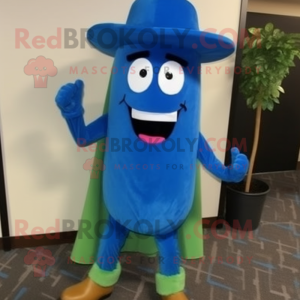 Blue Cucumber mascot costume character dressed with a Corduroy Pants and Cummerbunds