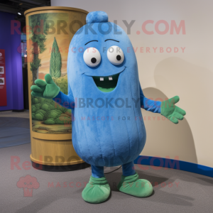 Blue Cucumber mascot costume character dressed with a Corduroy Pants and Cummerbunds