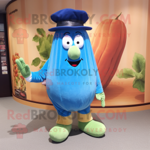Blue Cucumber mascot costume character dressed with a Corduroy Pants and Cummerbunds