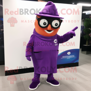 Purple Moussaka mascot costume character dressed with a Suit and Eyeglasses