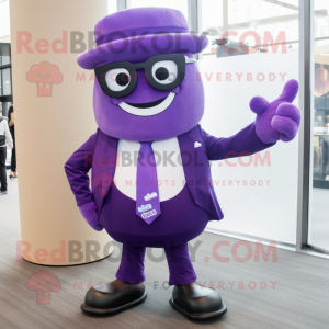 Purple Moussaka mascot costume character dressed with a Suit and Eyeglasses