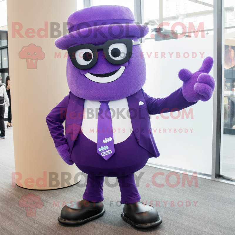 Purple Moussaka mascot costume character dressed with a Suit and Eyeglasses Purple Moussaka mascot costume character dressed with a Suit and Eyeglasses