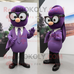 Purple Moussaka mascot costume character dressed with a Suit and Eyeglasses