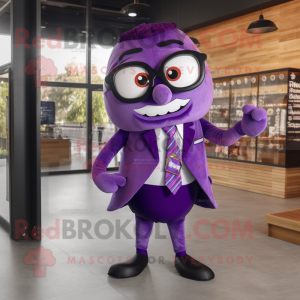 Purple Moussaka mascot costume character dressed with a Suit and Eyeglasses