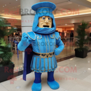 Blue Roman Soldier mascot costume character dressed with a Corduroy Pants and Shawl pins