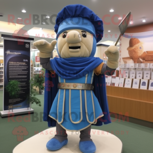 Blue Roman Soldier mascot costume character dressed with a Corduroy Pants and Shawl pins