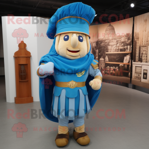 Blue Roman Soldier mascot costume character dressed with a Corduroy Pants and Shawl pins
