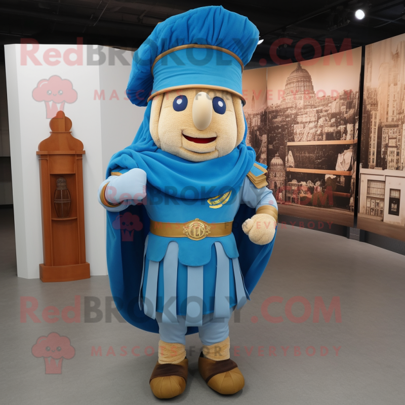 Blue Roman Soldier mascot costume character dressed with a Corduroy Pants and Shawl pins Blue Roman Soldier mascot costume character dressed with a Corduroy Pants and Shawl pins
