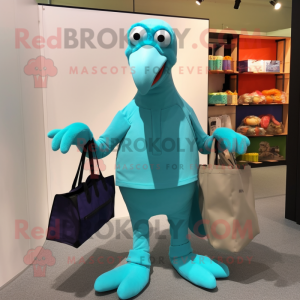 Cyan Dodo Bird mascot costume character dressed with a Jumpsuit and Tote bags