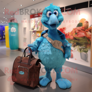 Cyan Dodo Bird mascot costume character dressed with a Jumpsuit and Tote bags