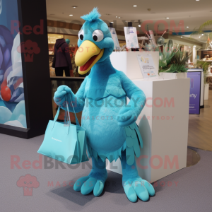 Cyan Dodo Bird mascot costume character dressed with a Jumpsuit and Tote bags