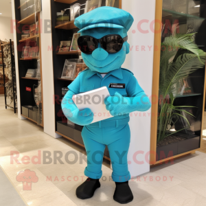 Turquoise Commando mascot costume character dressed with a Shift Dress and Reading glasses