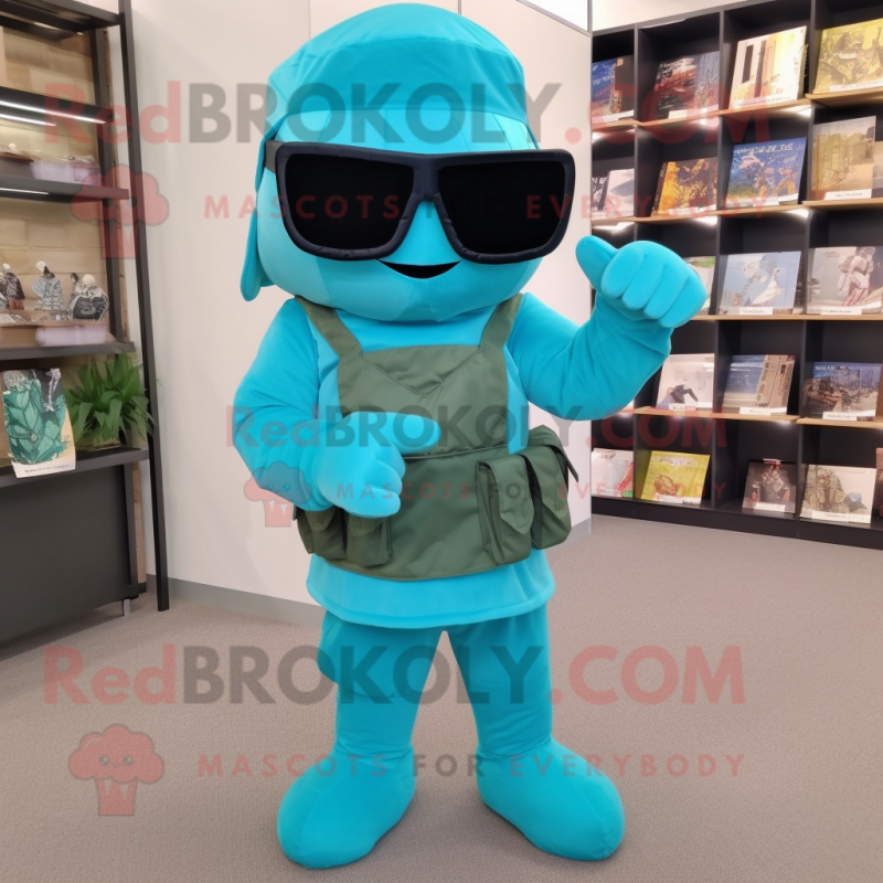 Turquoise Commando mascot costume character dressed with a Shift Dress and Reading glasses