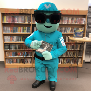 Turquoise Commando mascot costume character dressed with a Shift Dress and Reading glasses
