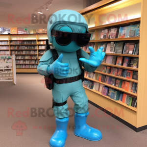 Turquoise Commando mascot costume character dressed with a Shift Dress and Reading glasses