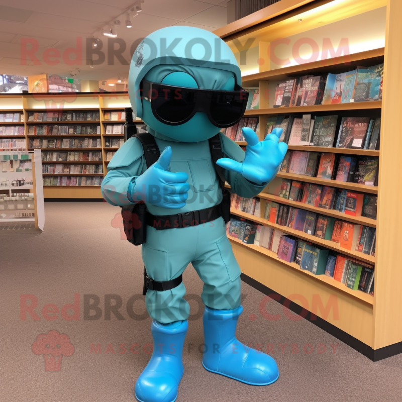 Turquoise Commando mascot costume character dressed with a Shift Dress and Reading glasses