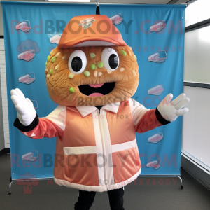 Peach Pulled Pork Sandwich mascot costume character dressed with a Windbreaker and Beanies