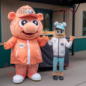 Peach Pulled Pork Sandwich mascot costume character dressed with a Windbreaker and Beanies