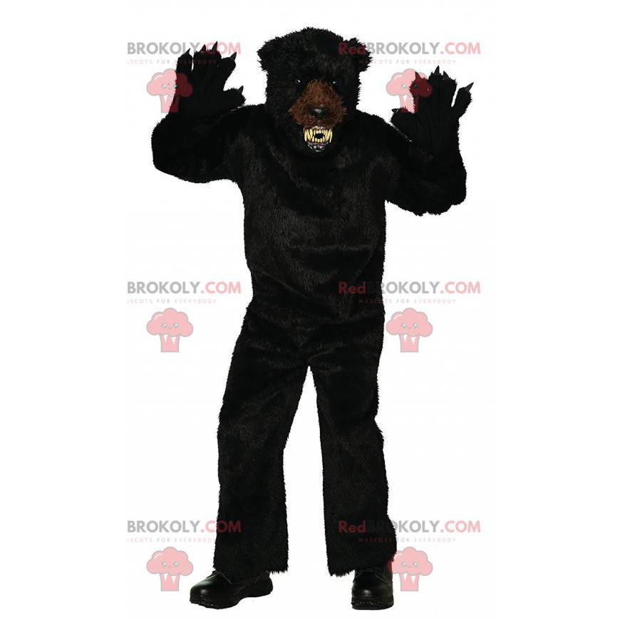 Heftig svartbjørnmaskot, skremmende hårete bjørnedrakt -