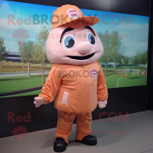 Peach Pulled Pork Sandwich mascot costume character dressed with a Windbreaker and Beanies