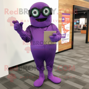 Purple Grenade mascot costume character dressed with a Jumpsuit and Reading glasses