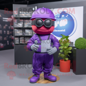 Purple Grenade mascot costume character dressed with a Jumpsuit and Reading glasses