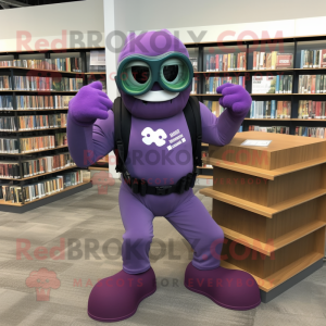 Purple Grenade mascot costume character dressed with a Jumpsuit and Reading glasses