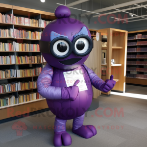 Purple Grenade mascot costume character dressed with a Jumpsuit and Reading glasses