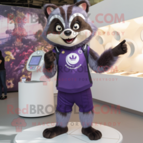 Purple Raccoon mascot costume character dressed with a Polo Shirt and Smartwatches