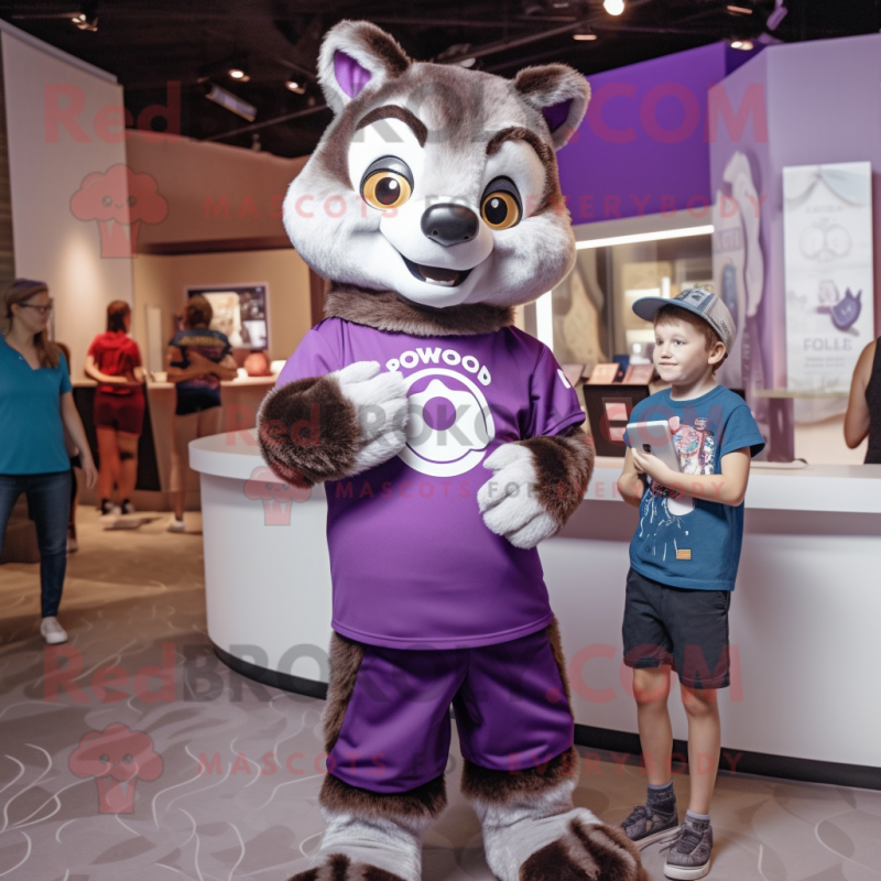 Purple Raccoon mascot costume character dressed with a Polo Shirt and Smartwatches