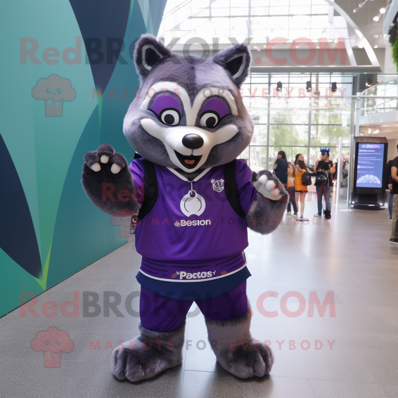 Purple Raccoon mascot costume character dressed with a Polo Shirt and Smartwatches