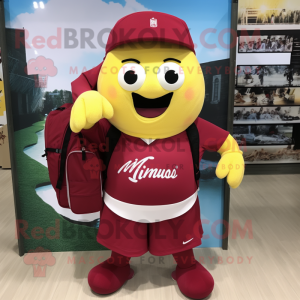 Maroon Lemon mascot costume character dressed with a Henley Shirt and Backpacks