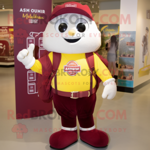Maroon Lemon mascot costume character dressed with a Henley Shirt and Backpacks
