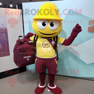 Maroon Lemon mascot costume character dressed with a Henley Shirt and Backpacks