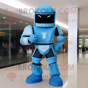 Cyan Spartan Soldier mascot costume character dressed with a Bootcut Jeans and Cummerbunds