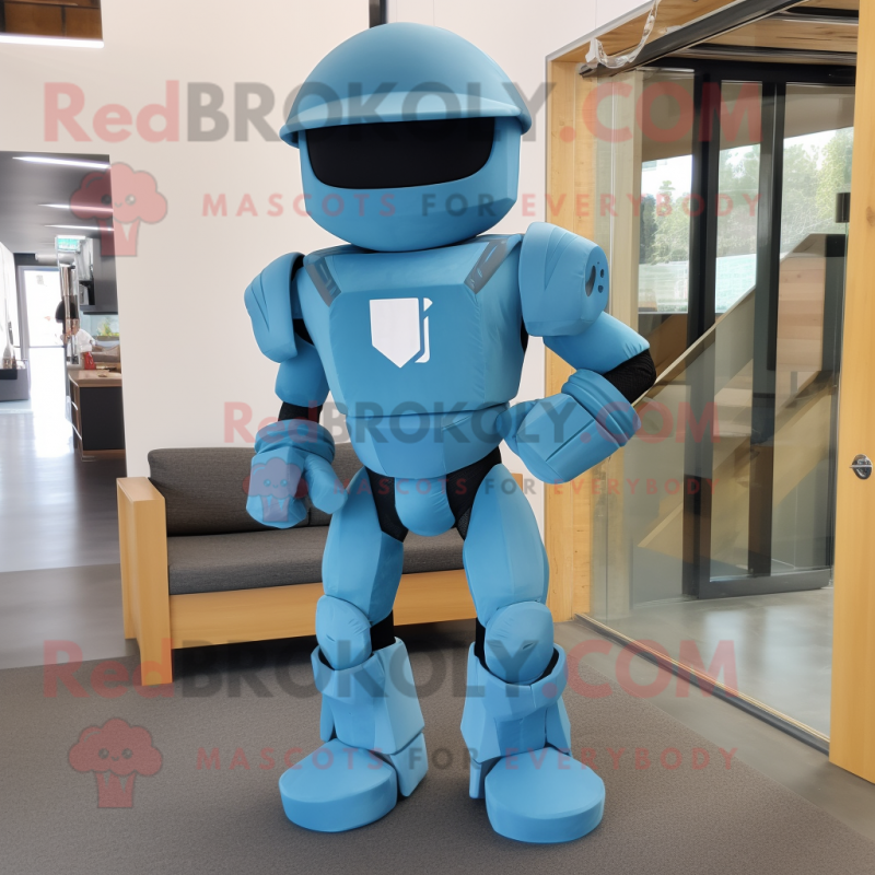 Cyan Spartan Soldier mascot costume character dressed with a Bootcut Jeans and Cummerbunds Cyan Spartan Soldier mascot costume character dressed with a Bootcut Jeans and Cummerbunds